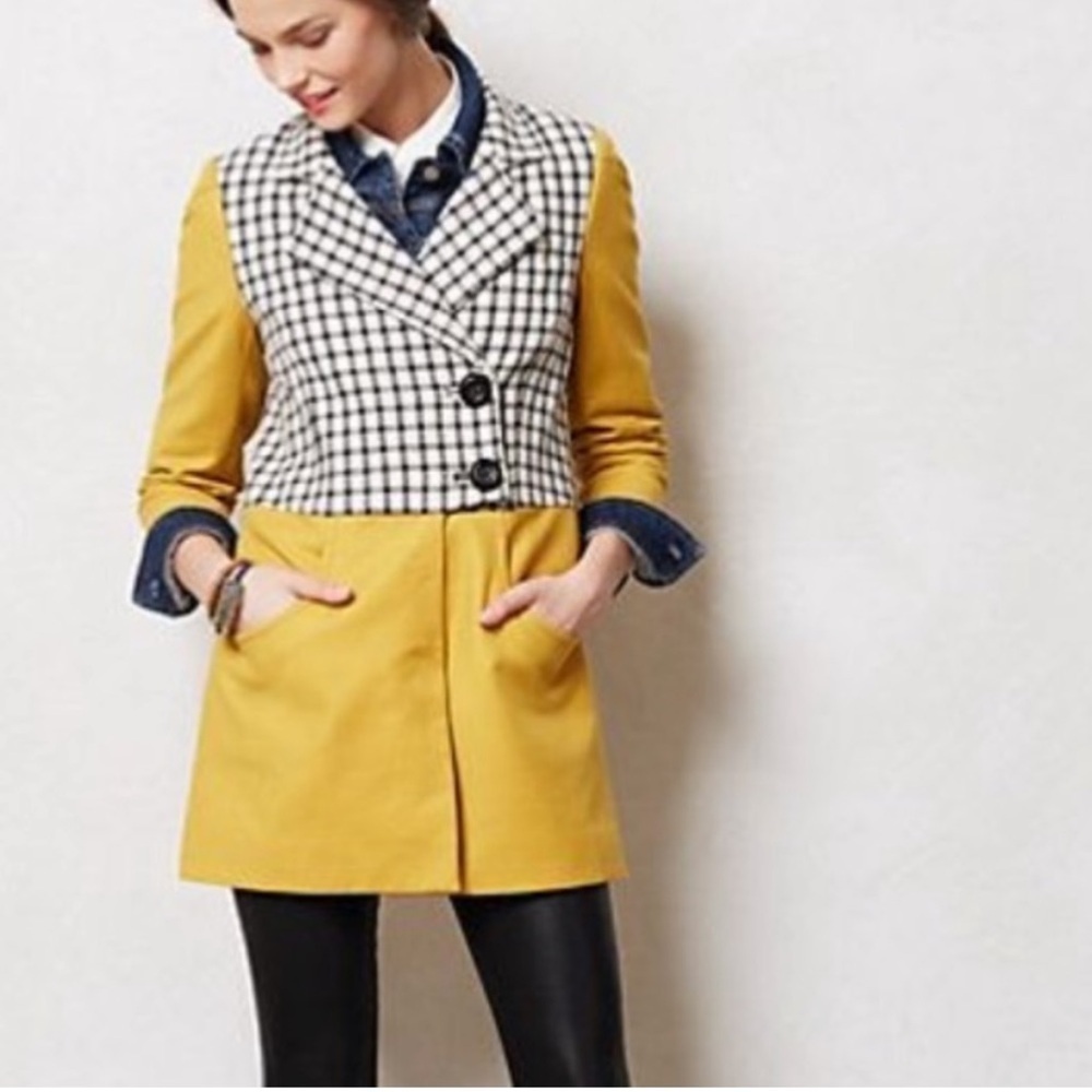 NWT Anthropologie Cartonnier Yellow Plaidblock Peacoat Jacket Mustard Yellow 0